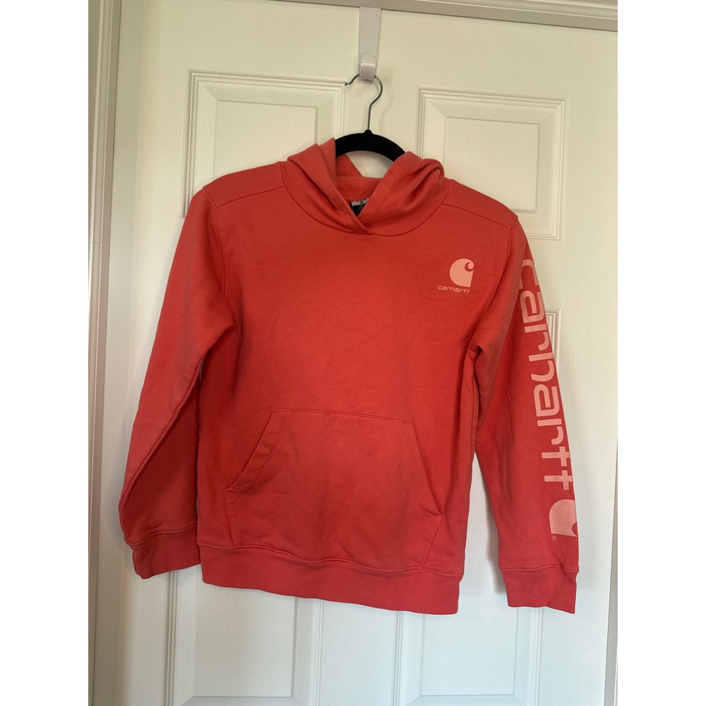 Carhartt Girls Pink Coral Fleece Pullover Hoodie Logo Sleeve Size Medium 10